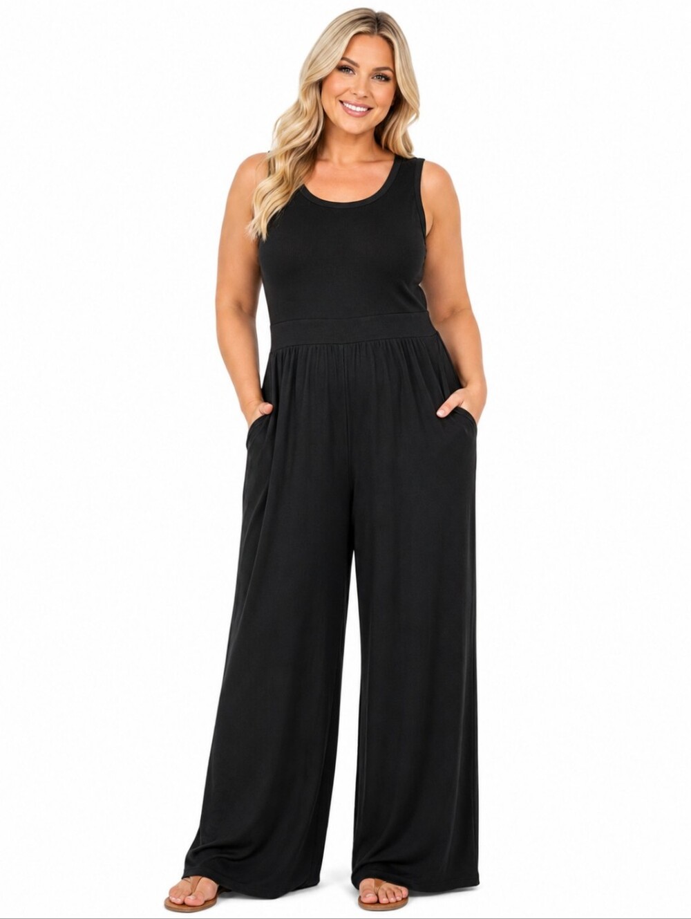YOZY Black Sleeveless Ribbed Wide Leg Jumpsuit With Pockets – Size XL - Picture 12 of 13
